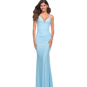 La‎ Femme Long Formal Evening Gown Size 8 Drape Neck Jersey Cloud Blue #30626